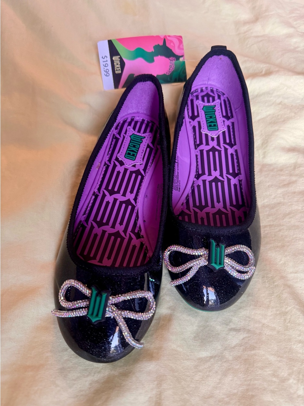 Kids Black & Green Faux Patent  Leather Flats with Rhinestone Bows Size 1